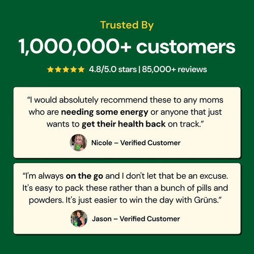 Product advertisement with customer testimonials and trust metrics, over 1,000,000 customers, 4.8 stars